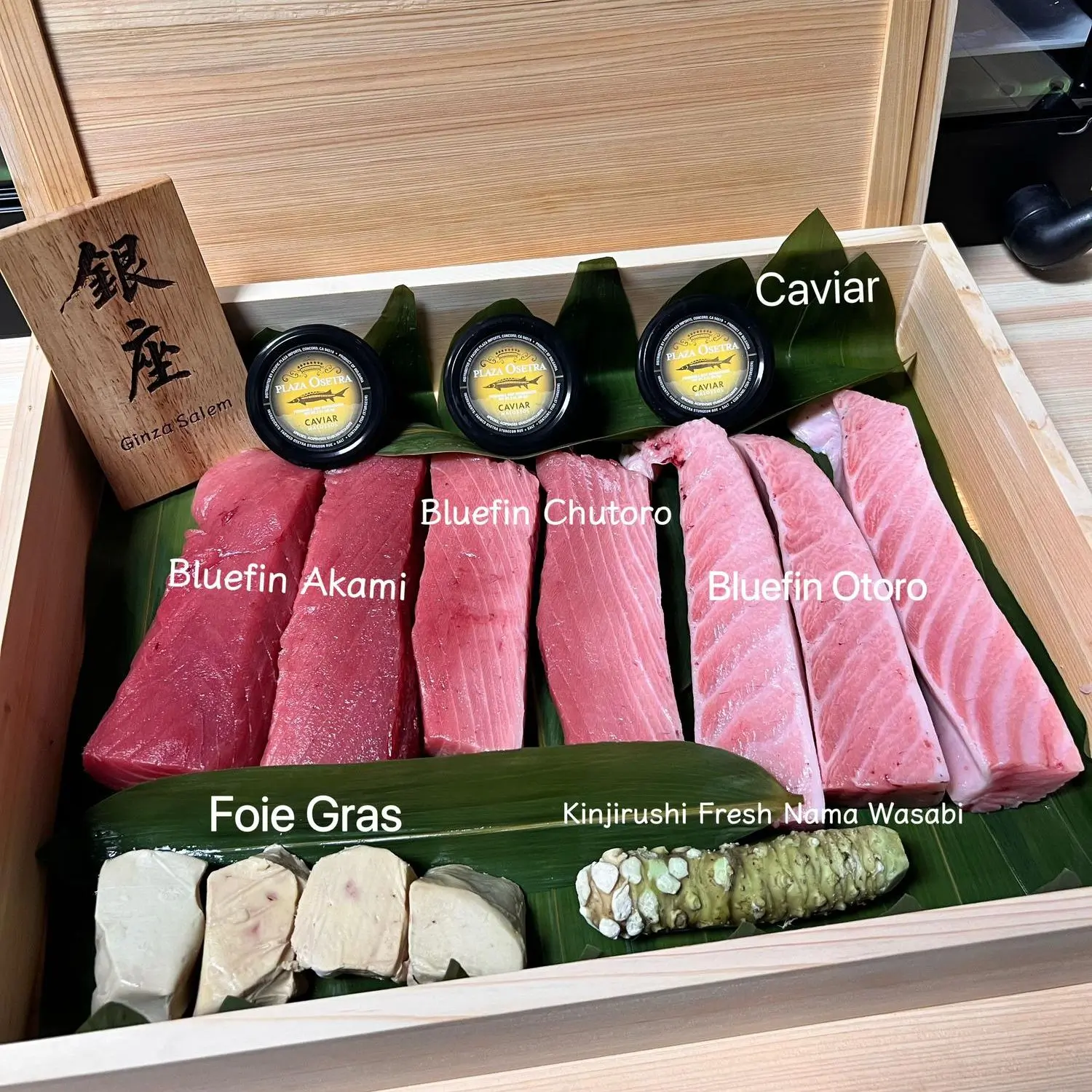 Box of bluefin tuna cuts, foie gras, caviar and fresh wasabi at Ginza Sushi and Ramen, a Japanese Restaurant in Salem