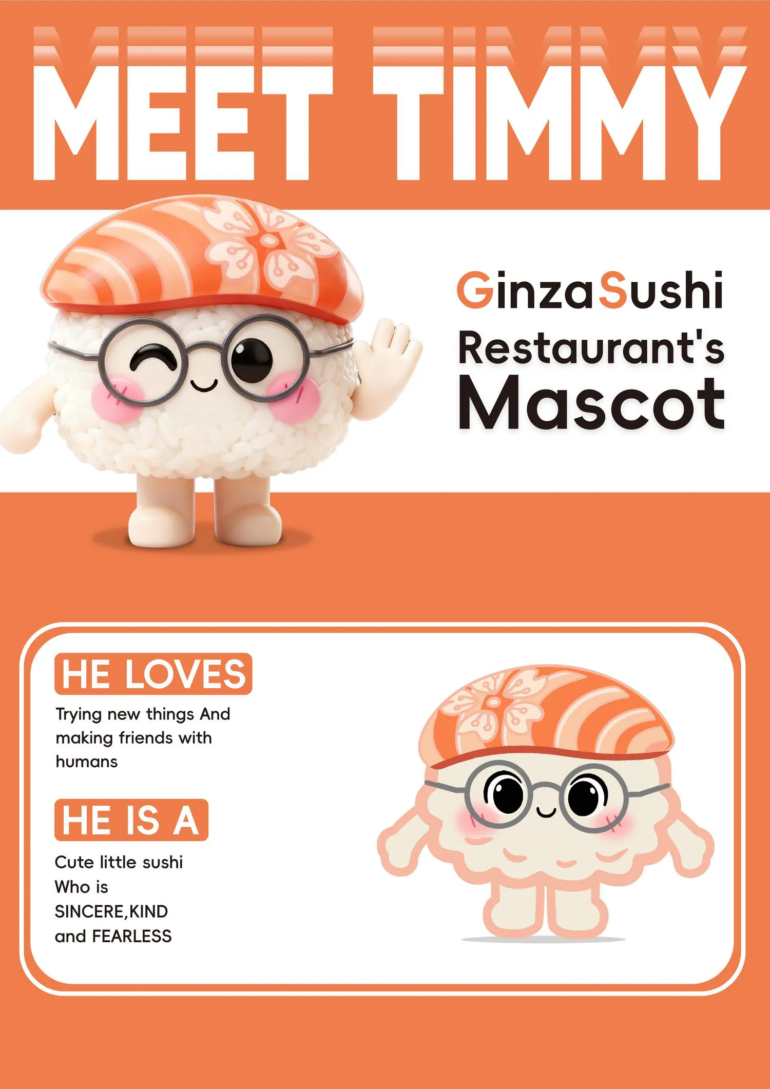 Cute sushi mascot Timmy for Ginza Sushi Restaurant